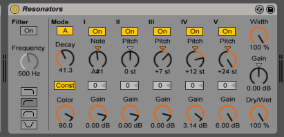 Resonators set to generate a power-chord built on the note A#1