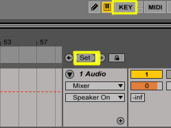 The Set button places a ‘locator’ (aka marker) at the current 'arrangement insert marker' (aka cursor) position. You can enter the 'Key Map switch mode' with the highlighted KEY button above. This mode allows you to assign the keys of your computer keyboard to trigger buttons in Ableton Live.