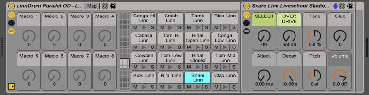 LinnDrum samples drum rack with sample selectors and analogue distortion macros