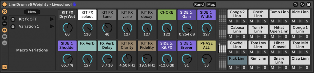 LinnDrum x Neve macro controls interface showing sound shaping parameters