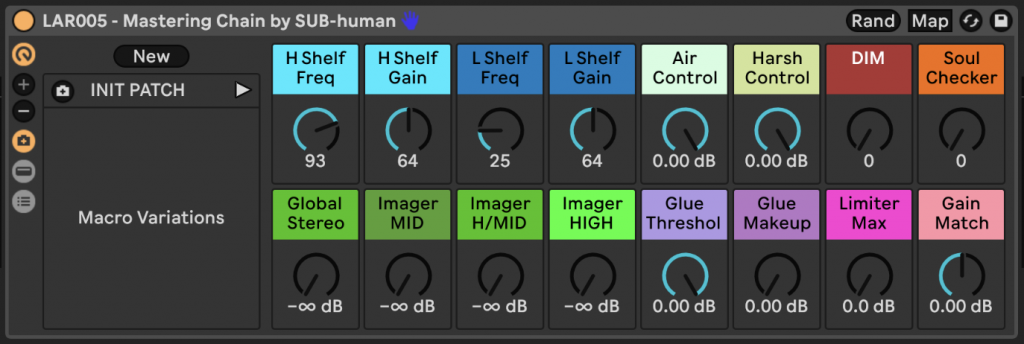 SUB-Human's Mastering Chain interface showing professional-grade macro controls