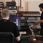music producers Moss and Setwun collaborating with hardware synthesisers and ableton live