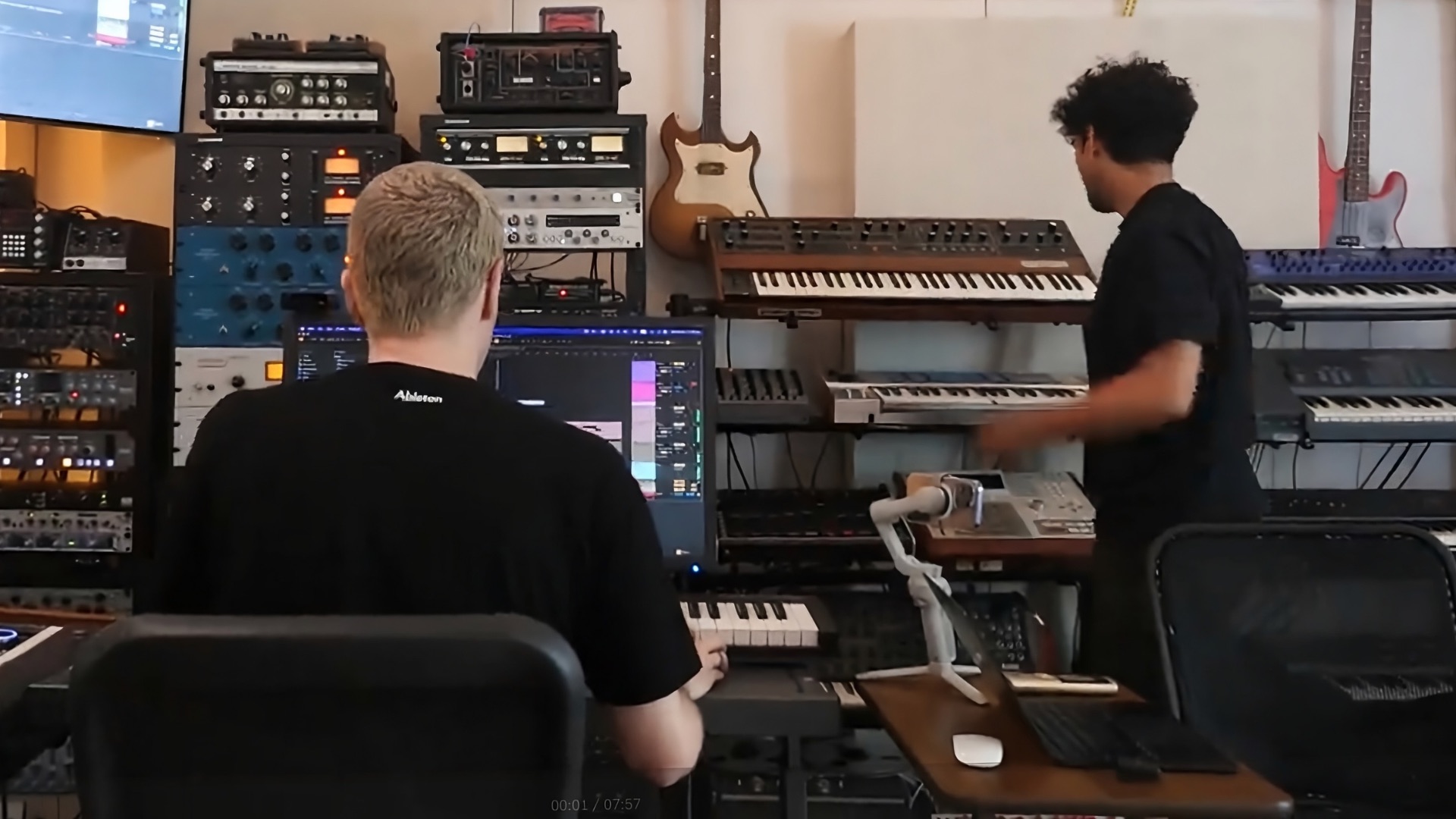 music producers Moss and Setwun collaborating with hardware synthesisers and ableton live