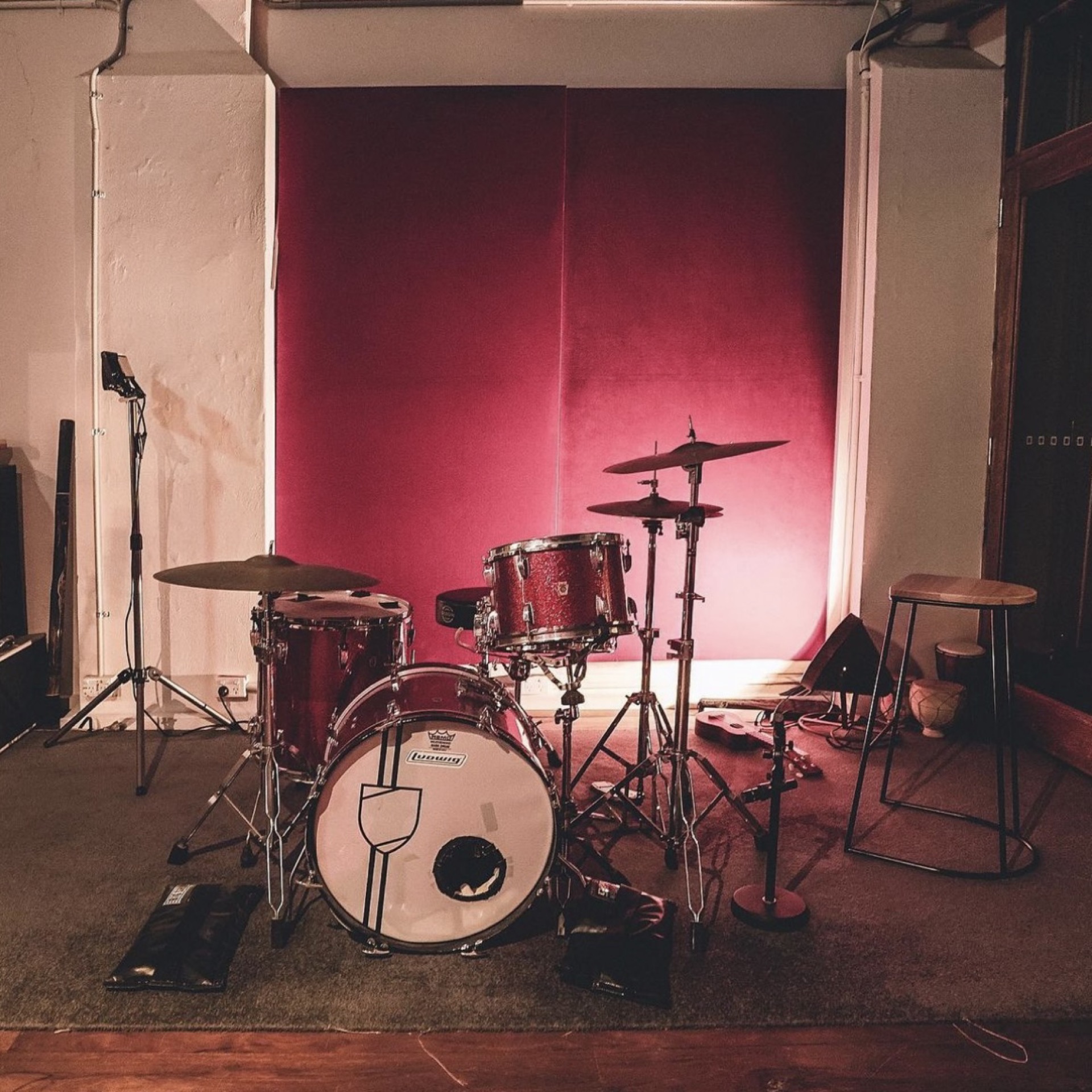 Ludwig drum kit in drum recording studio with moody red stage lighting
