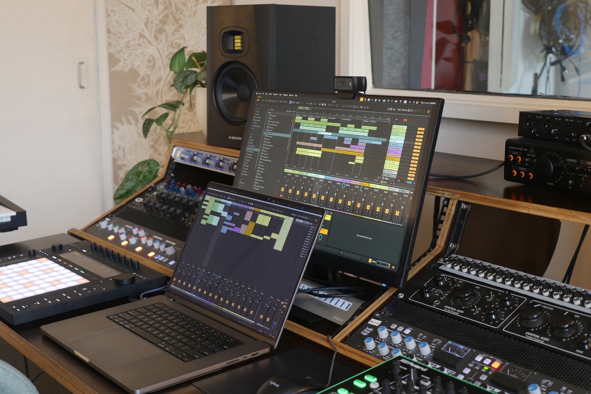 Production studio with outboard equipment integrated with Ableton Live and Ableton Push 3