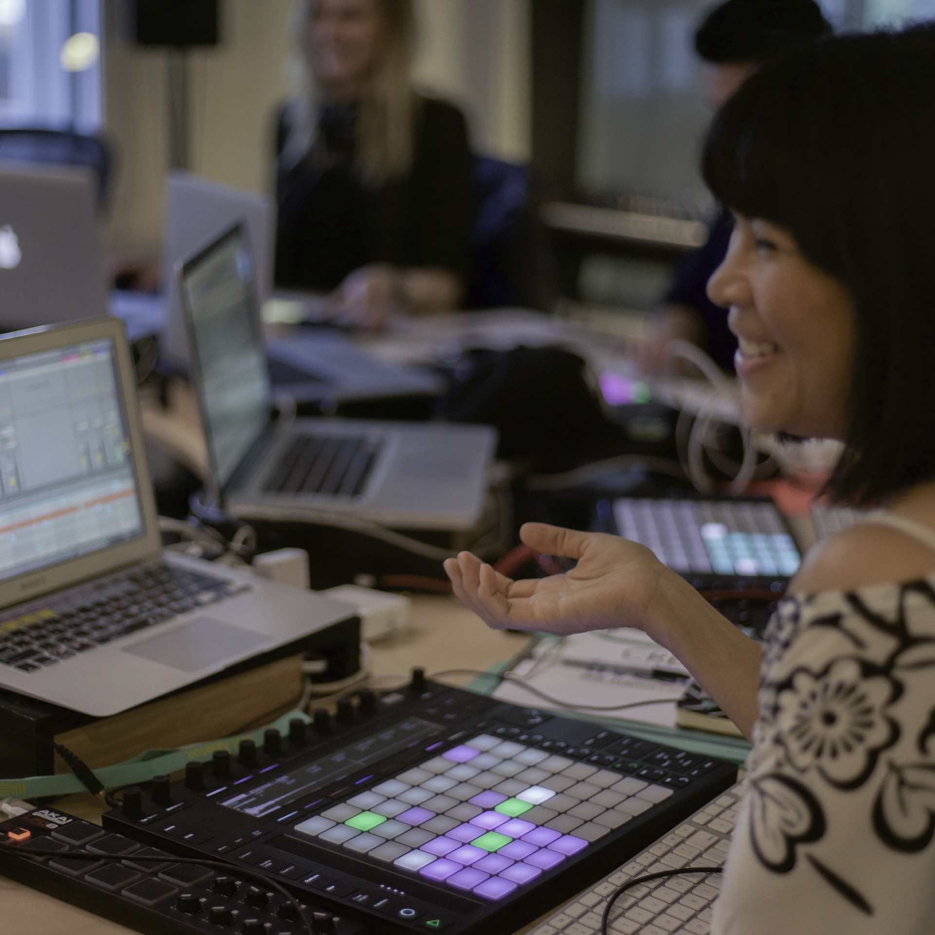 students in a music production class with Ableton Live, Ableton Push and MIDI controllers